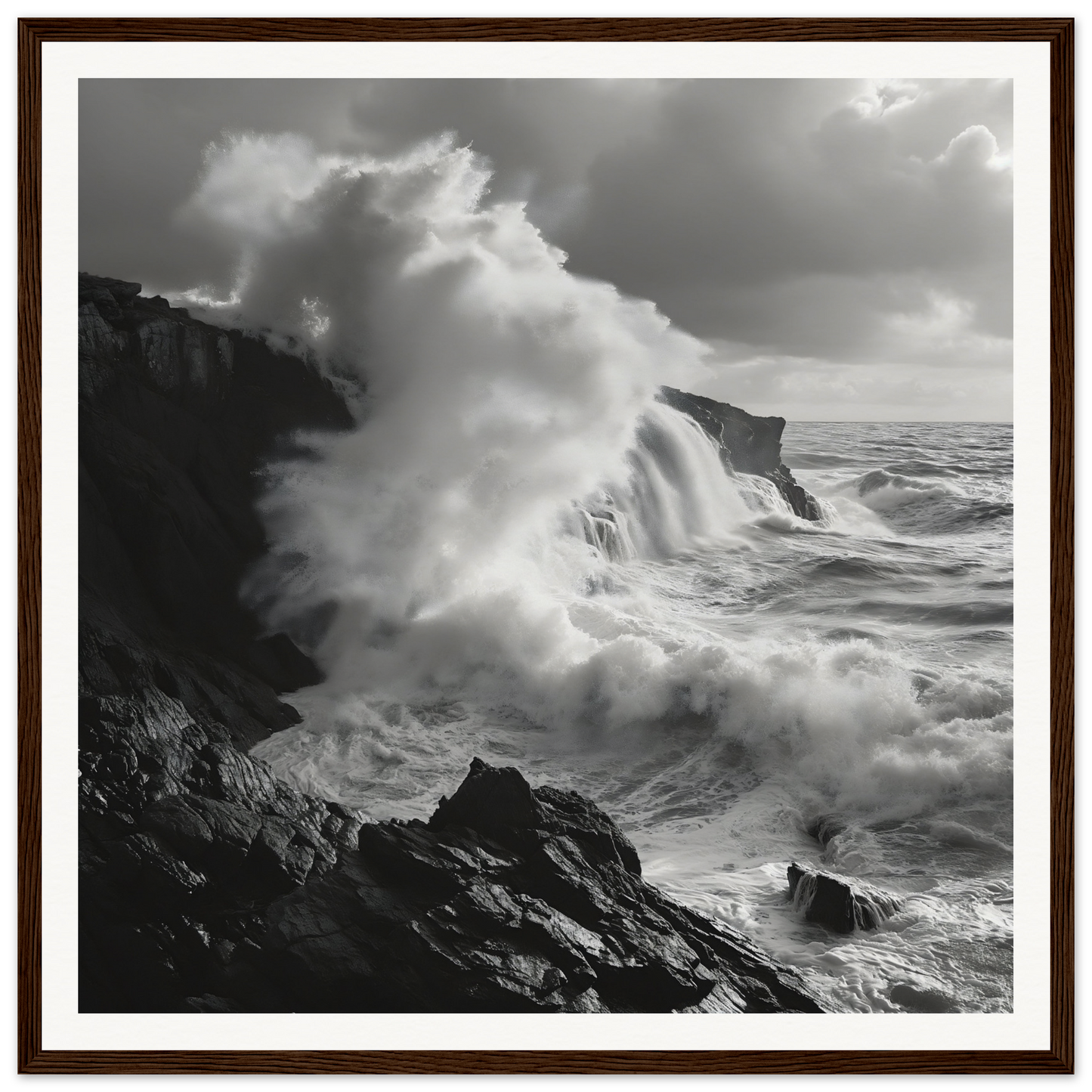 Powerful ocean waves clash with rocky cliffs in Nature’s Whispered Conquest art™