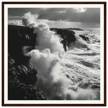 Powerful ocean waves crash on cliffs in Ocean Roars Symphony framed poster art