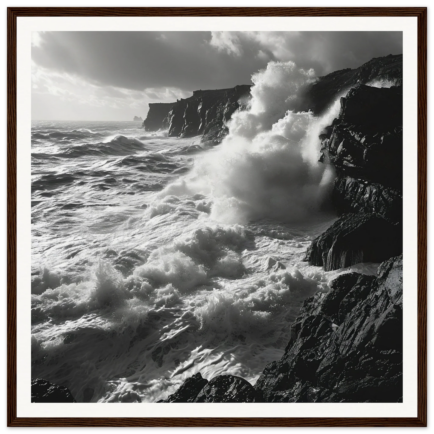 Powerful ocean waves in Ocean’s Ferocious Waltz special edition art™ against cliffs