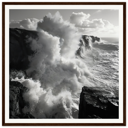 Powerful ocean waves crashing against dark cliffs in Ocean’s Mighty Whisper art