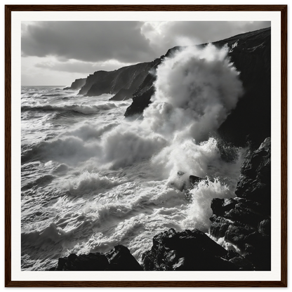 Powerful ocean waves crash on cliffs in black and white for Ocean’s Untamed Poems