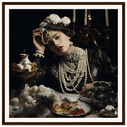 Dramatic portrait of Opulence’s Quiet Soul with pearls, roses in a baroque setting