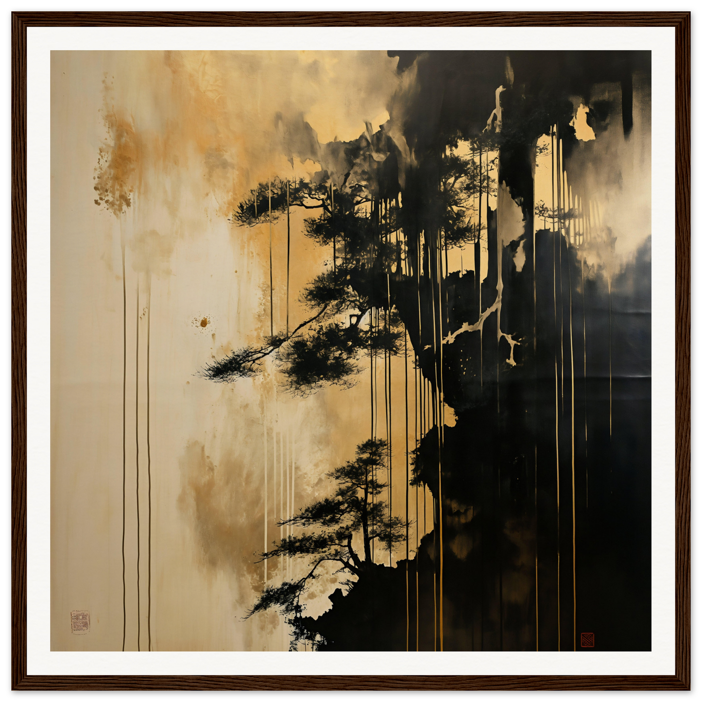 Dark silhouette of a pine tree with paint effects in Pine Fog Reverie art print