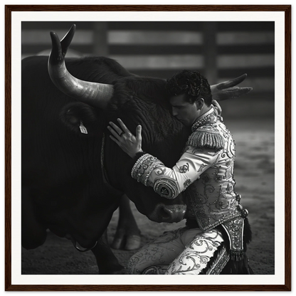 A dramatic moment of a Quiet Matador battling a bull in the Quiet Matador Whisper art