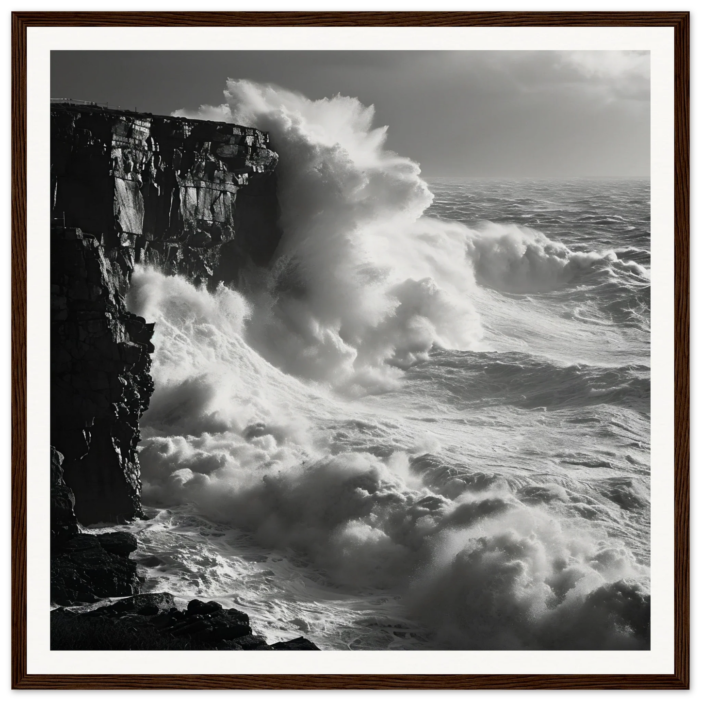 Powerful ocean waves crash against a cliff in Relentless Ocean’s Ballet framed poster