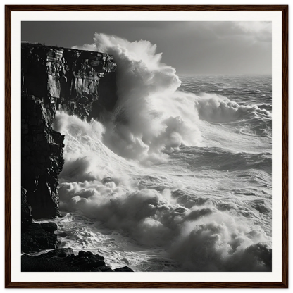 Powerful ocean waves crash against a cliff in Relentless Ocean’s Ballet framed poster