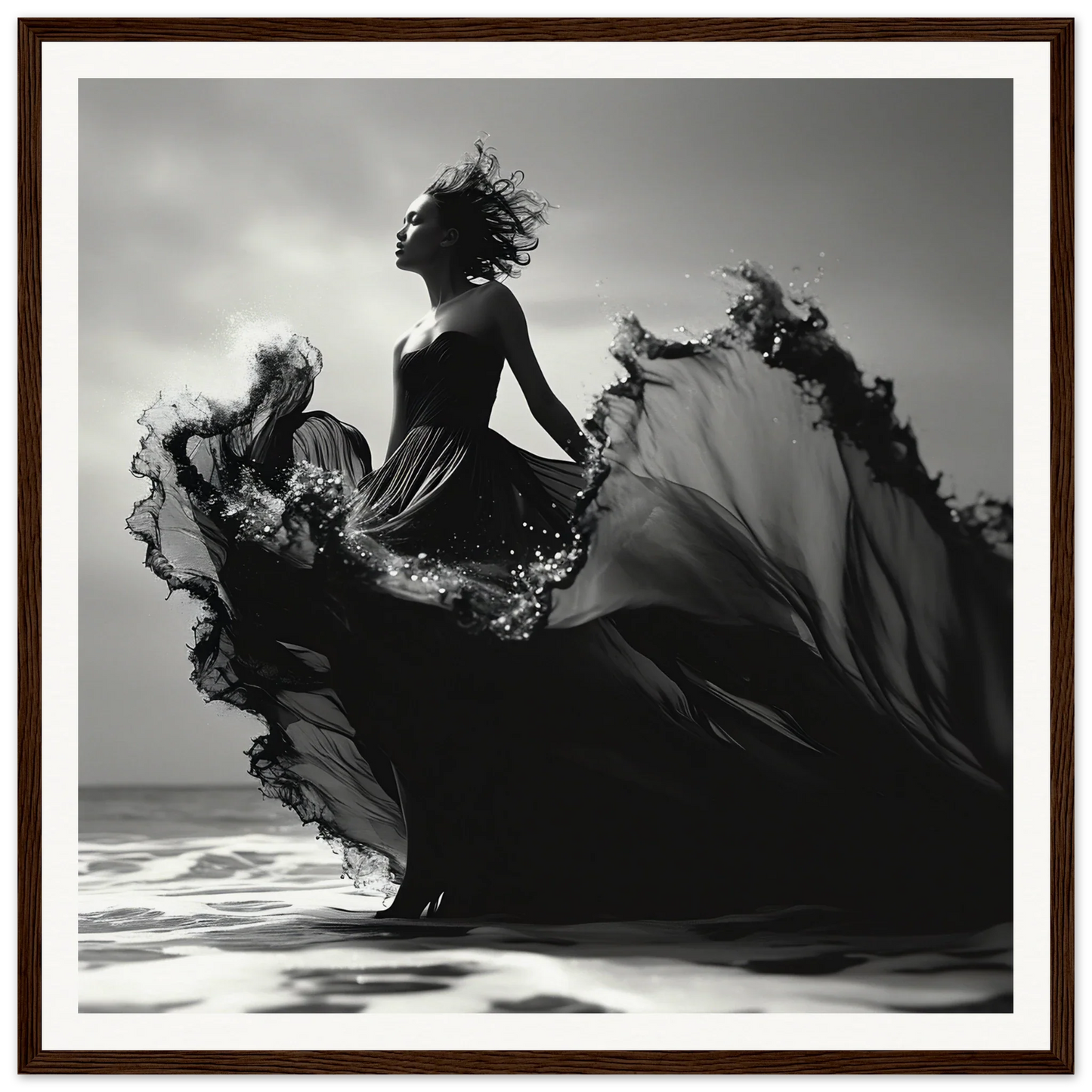 Silhouetted figure in flowing dress with dramatic lighting for Sea Elegance Ascends art