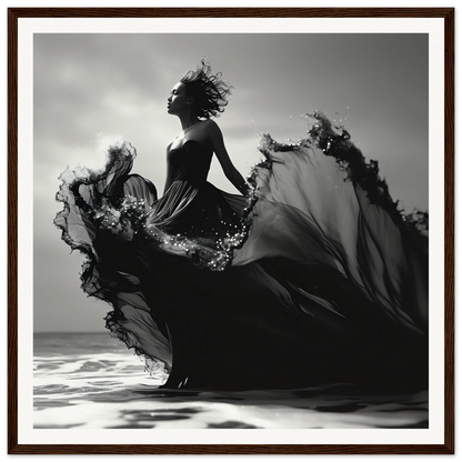 Silhouetted figure in flowing dress with dramatic lighting for Sea Elegance Ascends art