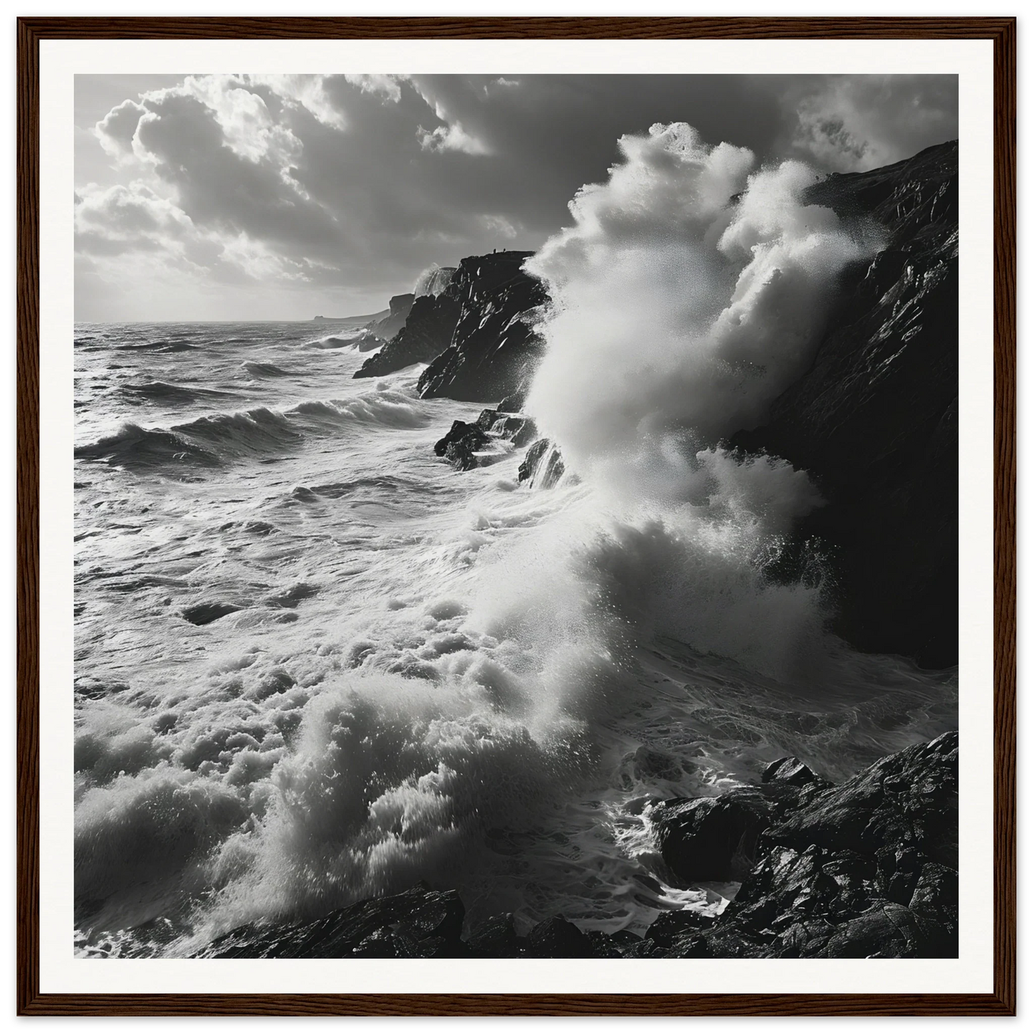 Powerful ocean waves crashing against cliffs in Sea’s Relentless Requiem special edition art™