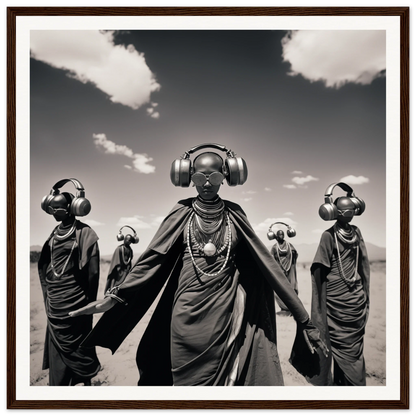 Striking black and white image of tribal figures in headphones for Serengeti Space Odyssey