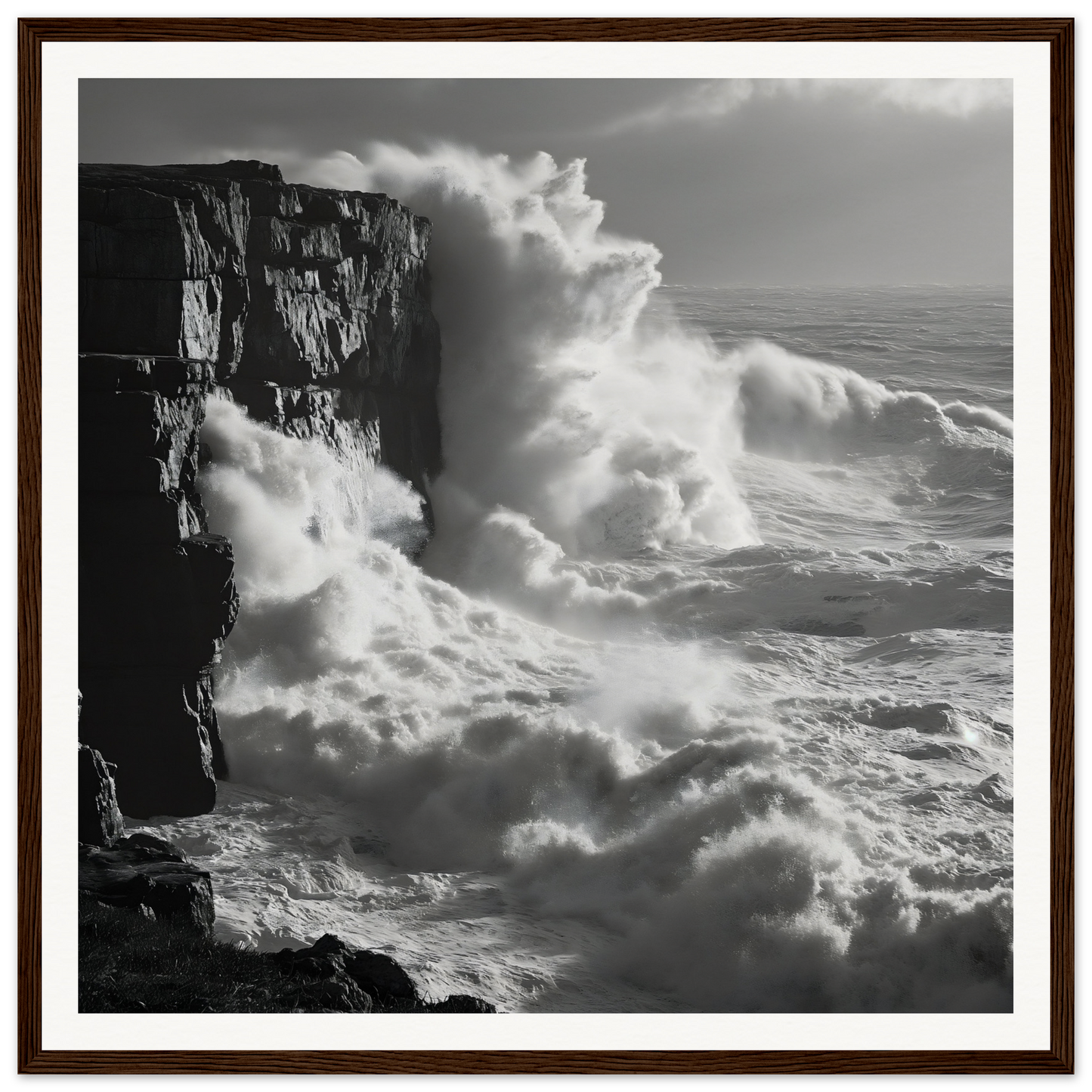 Powerful ocean waves crash against cliffs in Shattered Liquid Symphony special edition art™