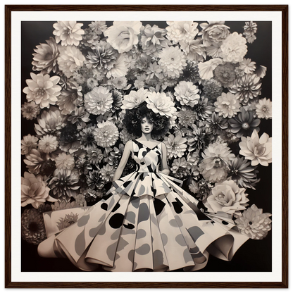 A figure in a polka dot ball gown among flowers, showcasing Sprung Graced Reverie