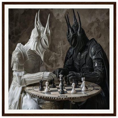 Two armored figures in light and dark play chess, Strategic Armor Delusion art