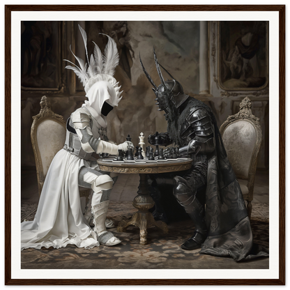 Two armored figures playing chess at an ornate table in Strategic Enigma Echoes art™