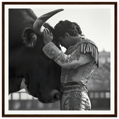 A toreador’s reverie captured in black and white, embracing a bull’s head artfully