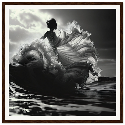 Silhouetted figure in white fabric emerges from crashing wave, Swirling Euphoria Dance art