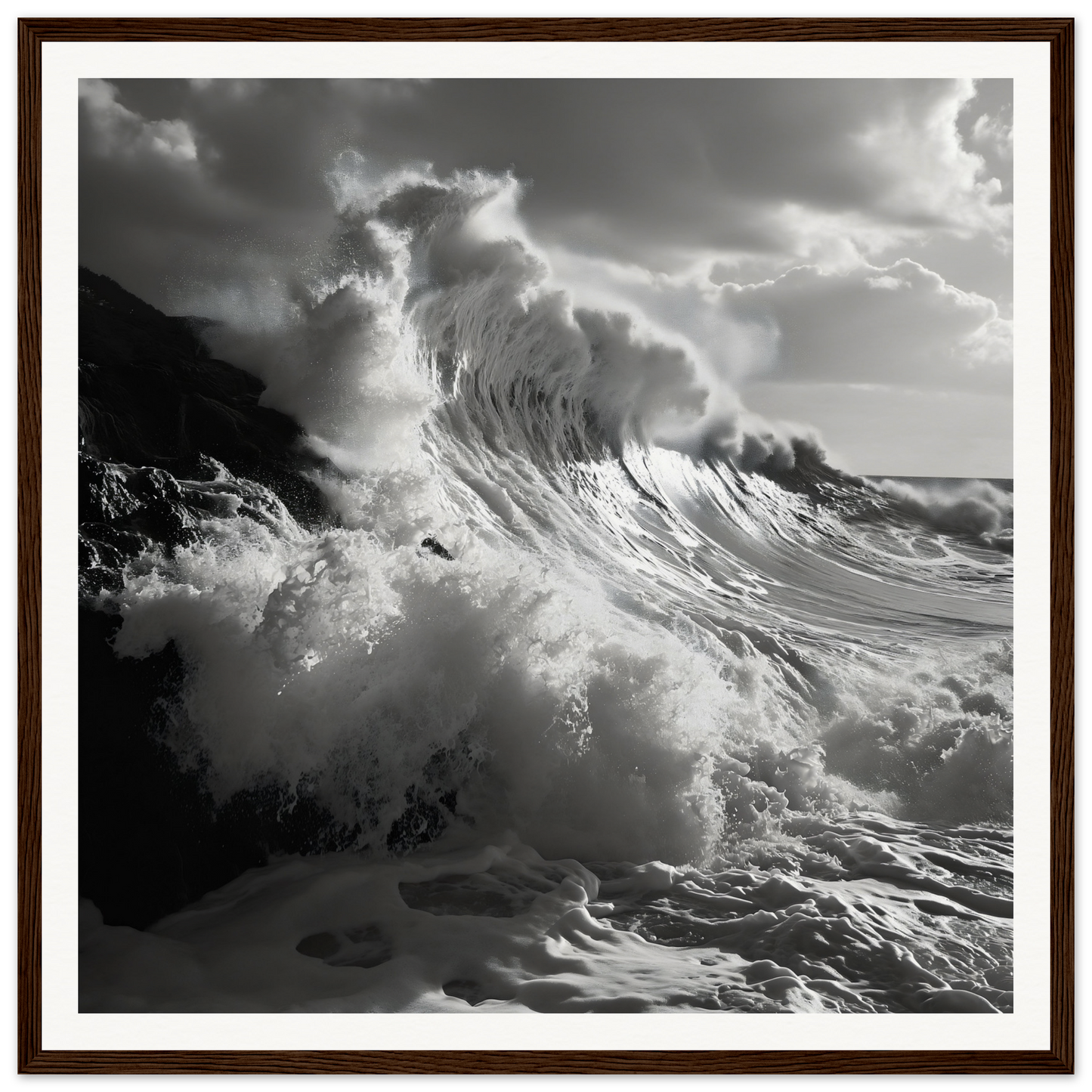 Dramatic ocean wave under stormy skies in Tempestuous Dance Tribute framed poster