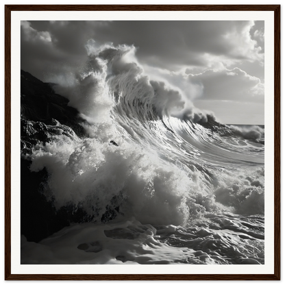 Dramatic ocean wave under stormy skies in Tempestuous Dance Tribute framed poster