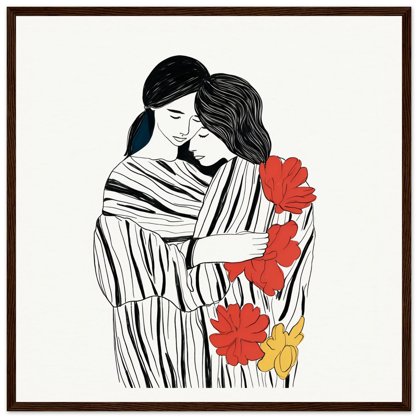 Line drawing of a tender embrace with vibrant red and yellow flowers for Tender Embrace Symphony