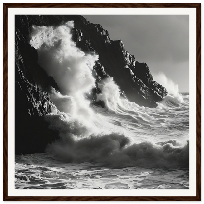 Powerful ocean waves crashing on cliffs, perfect for Tidal Unfurl Dance framed wall art