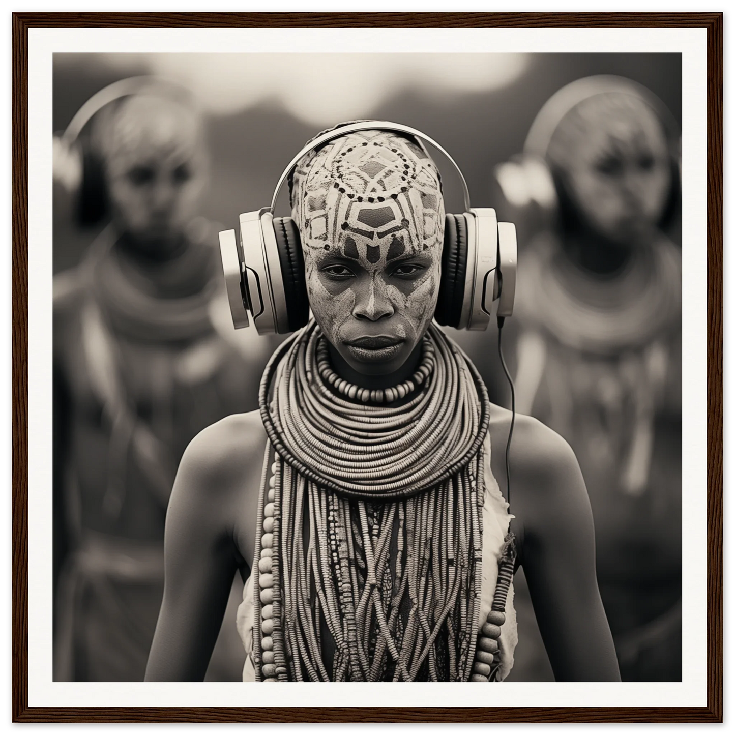 Tribal member rocking traditional jewelry and modern headphones in Tribal Signal Symphony