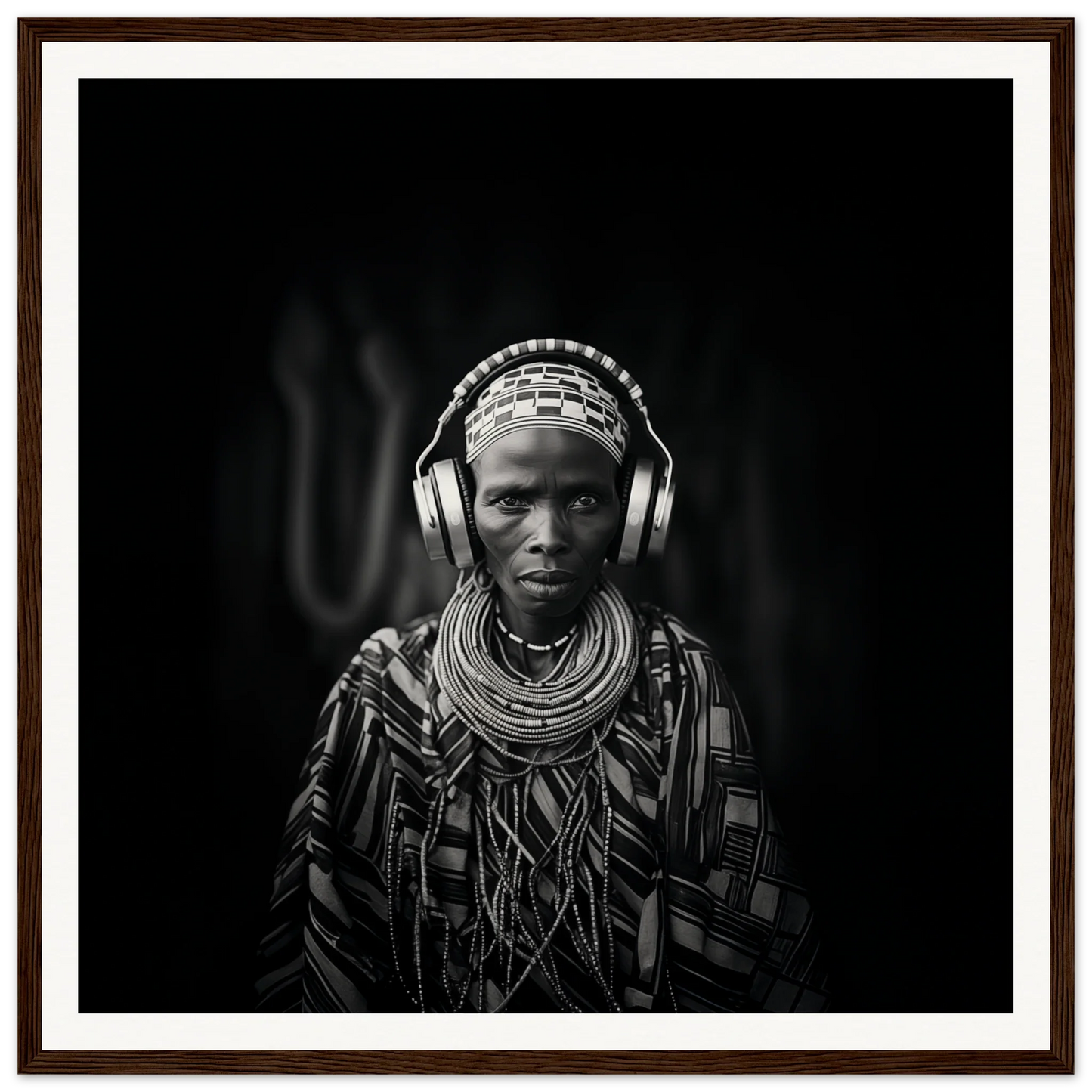 Black and white portrait of a person in tribal jewelry with modern headphones, Tribal Why-Fi