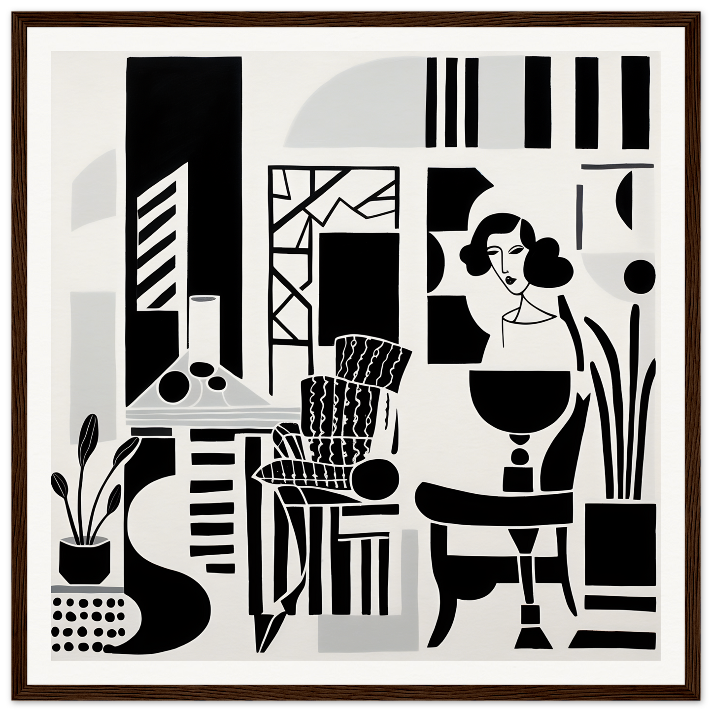 Black and white geometric art print from Urban Simba Masquerade with chic furniture design