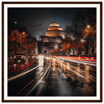 Illuminated castle-like building in Urban Time Lapse framed urban night art