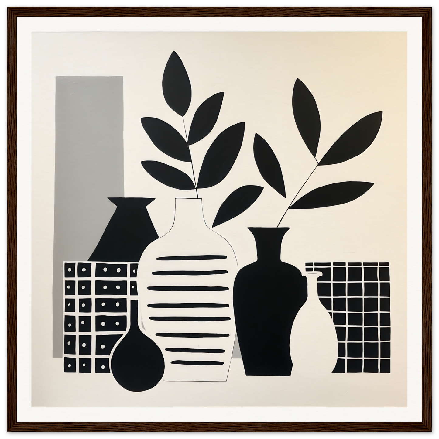 Black and white still life of vases with leaves in Vase Symphony Zen special edition art™