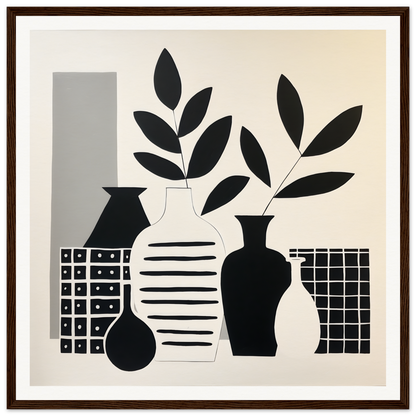 Black and white still life of vases with leaves in Vase Symphony Zen special edition art™