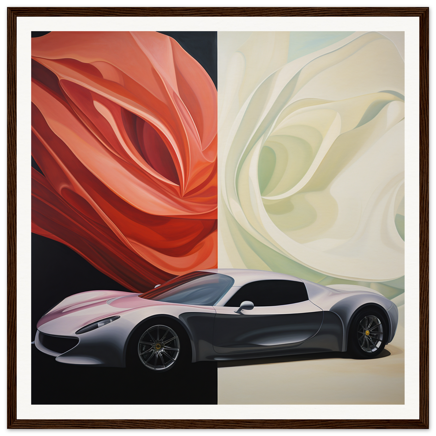 Sleek silver sports car with dark wheels from Velocity’s Silent Duet special edition art™