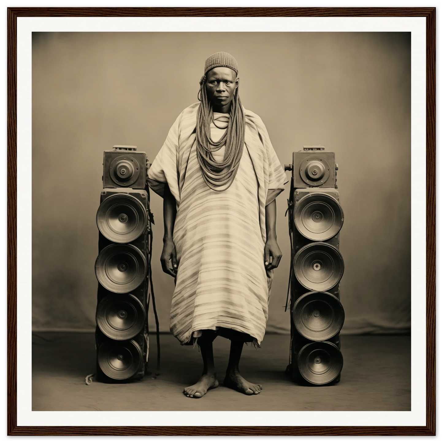 Person in traditional African dress by speaker stacks, featured in Voices Amid Pixels art