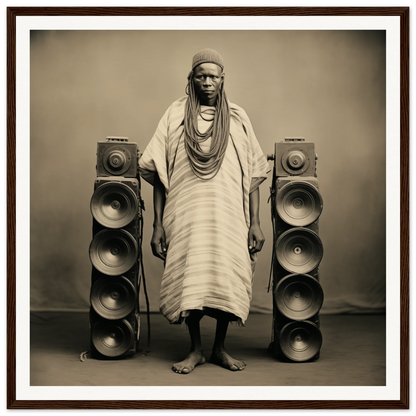 Person in traditional African dress by speaker stacks, featured in Voices Amid Pixels art