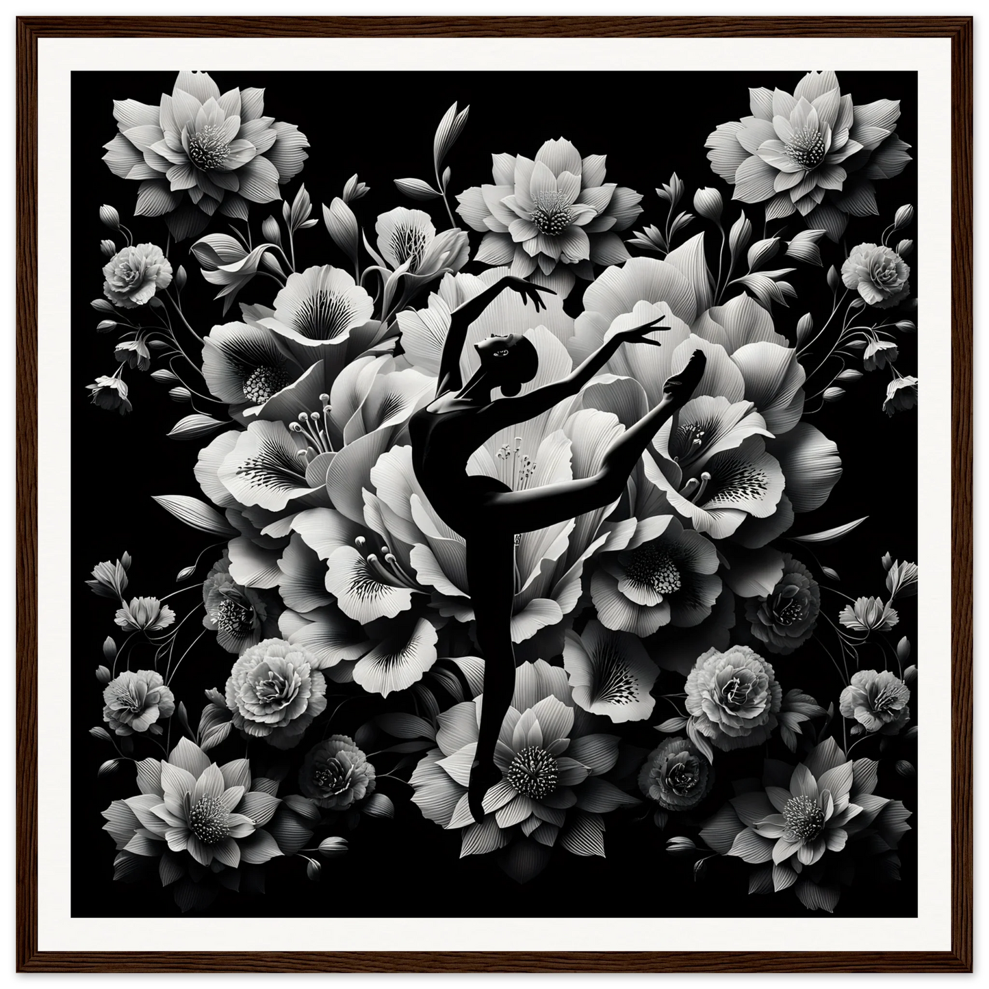 Silhouette of a ballet dancer in arabesque with flowers for Waltzing Bloom Synthesis