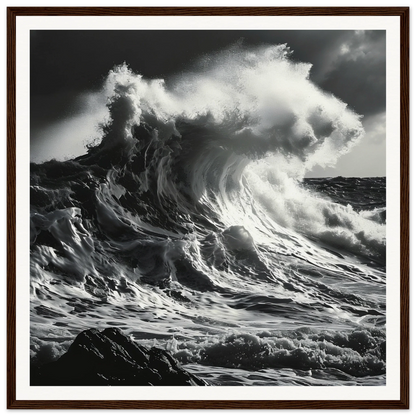 Ocean wave crashing on rocks in Wave’s Fury Howl framed wall art special edition