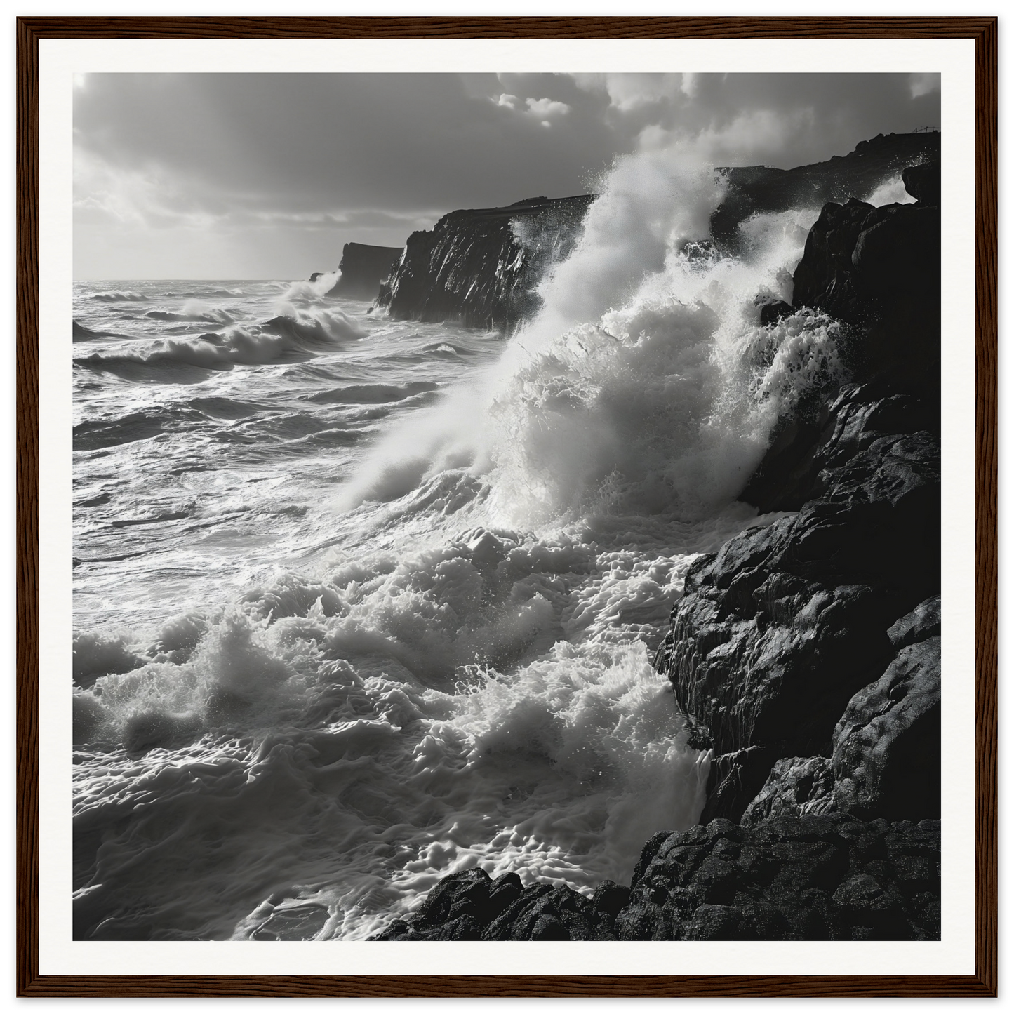 Powerful ocean waves crash against coastal cliffs in Wave’s Untold Trance art