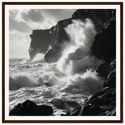 Dramatic black and white ocean waves crashing on cliffs in Waves’ Wild Gambit framed wall art