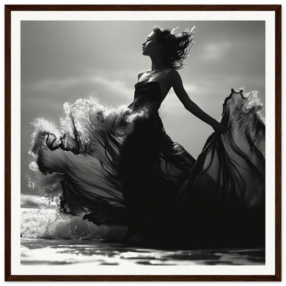 Silhouetted dancer in black dress showcases Wavewoven Elegance Manifestation style