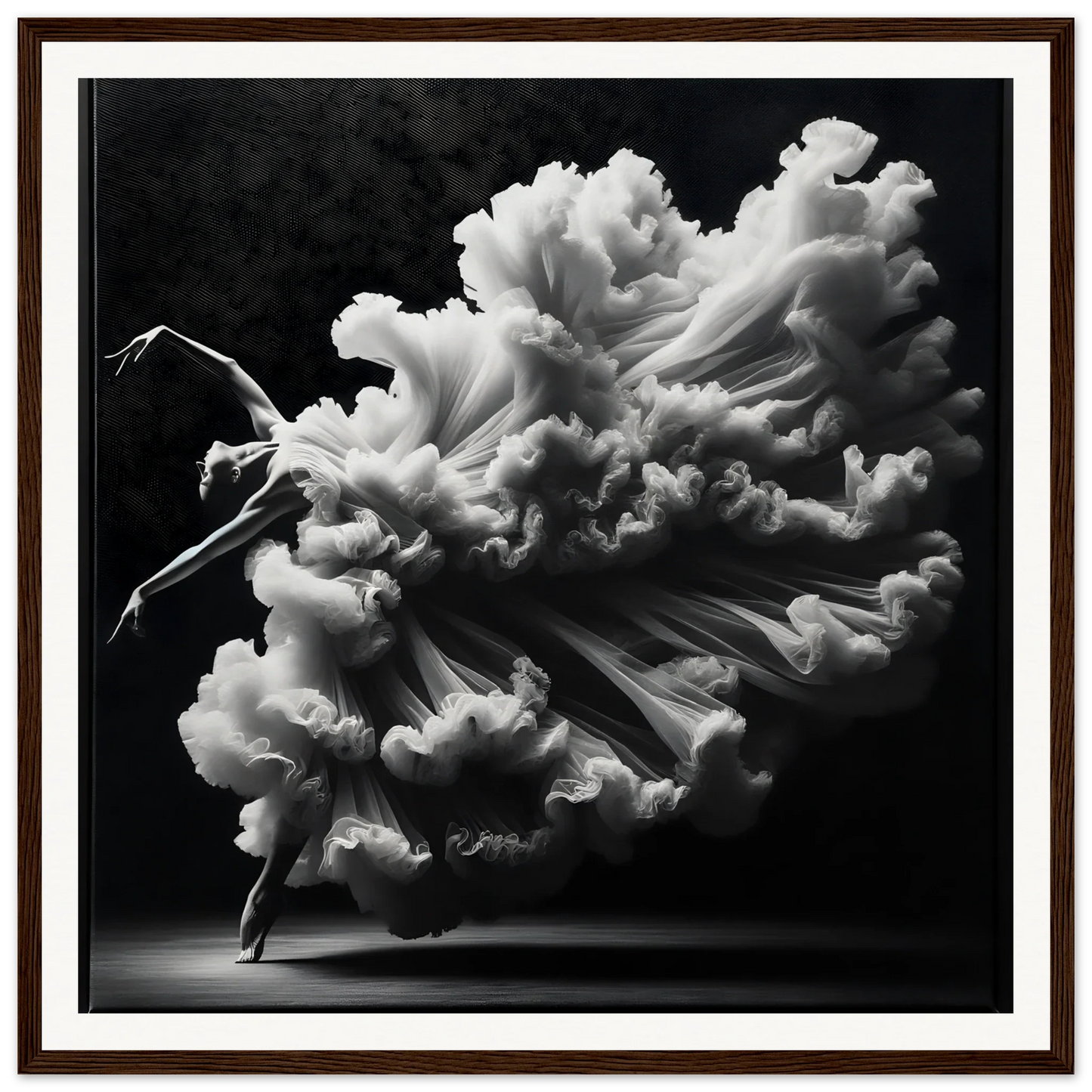 Graceful dancer in flowing fabric like a cloud, perfect for Whirling Mystic Revelry framed posters