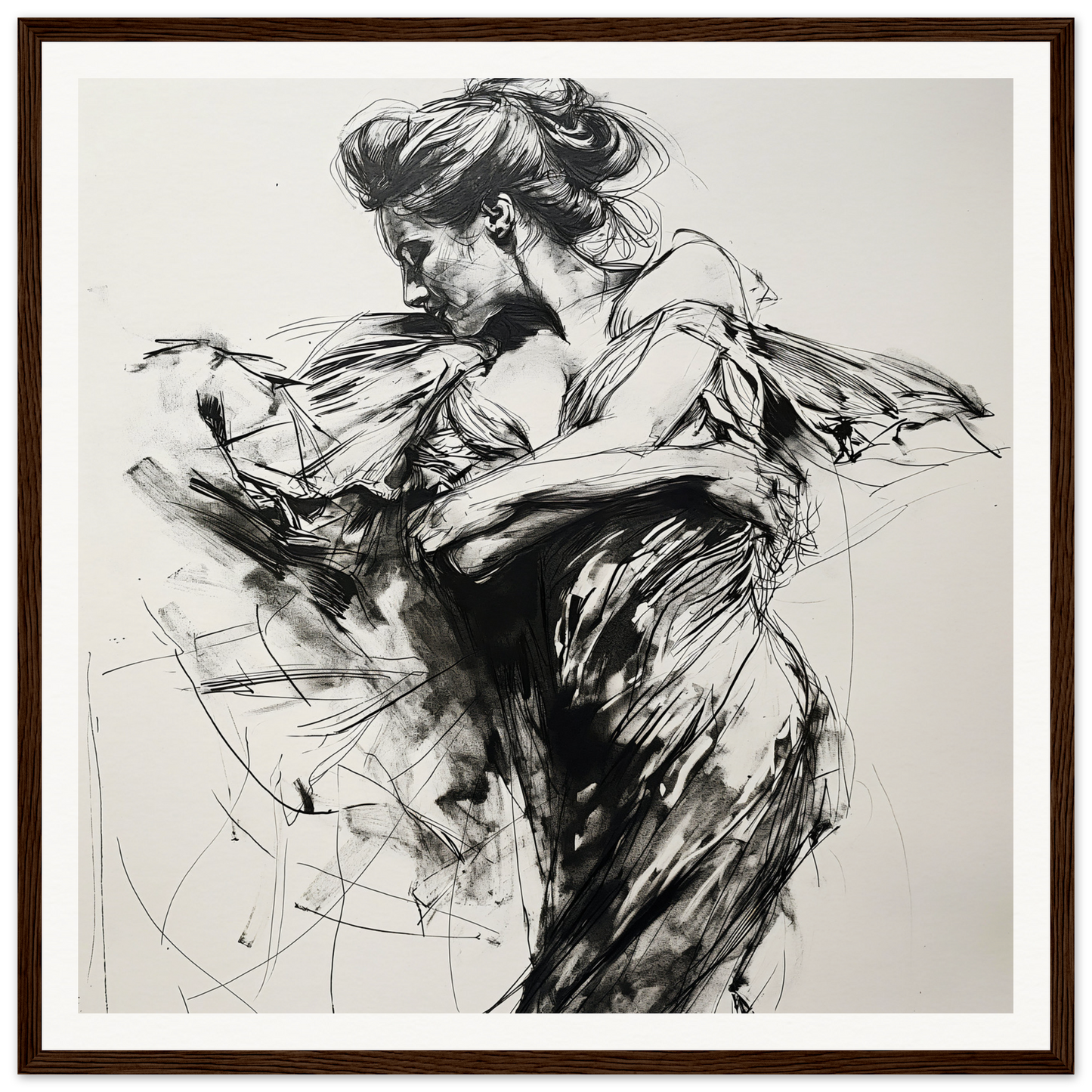 Dynamic black and white sketch of a dancer for Whispering Solar Solitude art