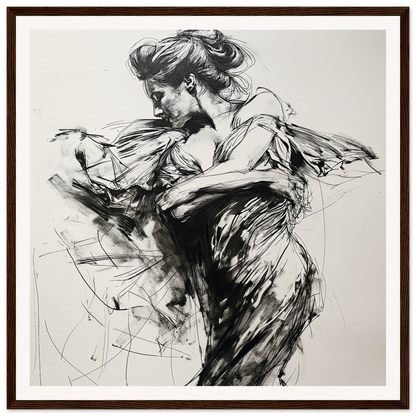 Dynamic black and white sketch of a dancer for Whispering Solar Solitude art