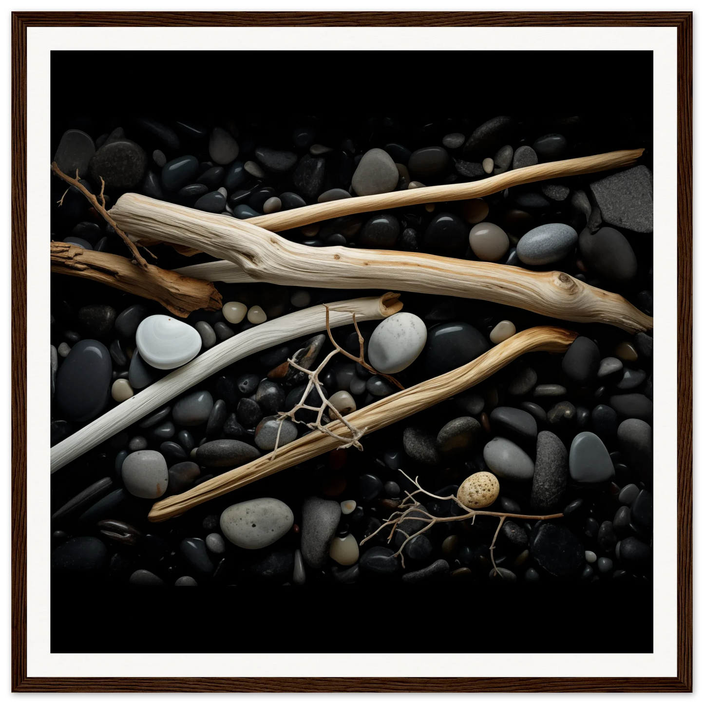 Weathered driftwood and smooth river rocks in Whispers Earthward Serenade art piece