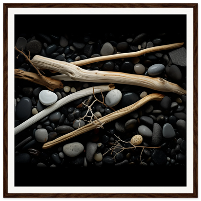 Weathered driftwood and smooth river rocks in Whispers Earthward Serenade art piece