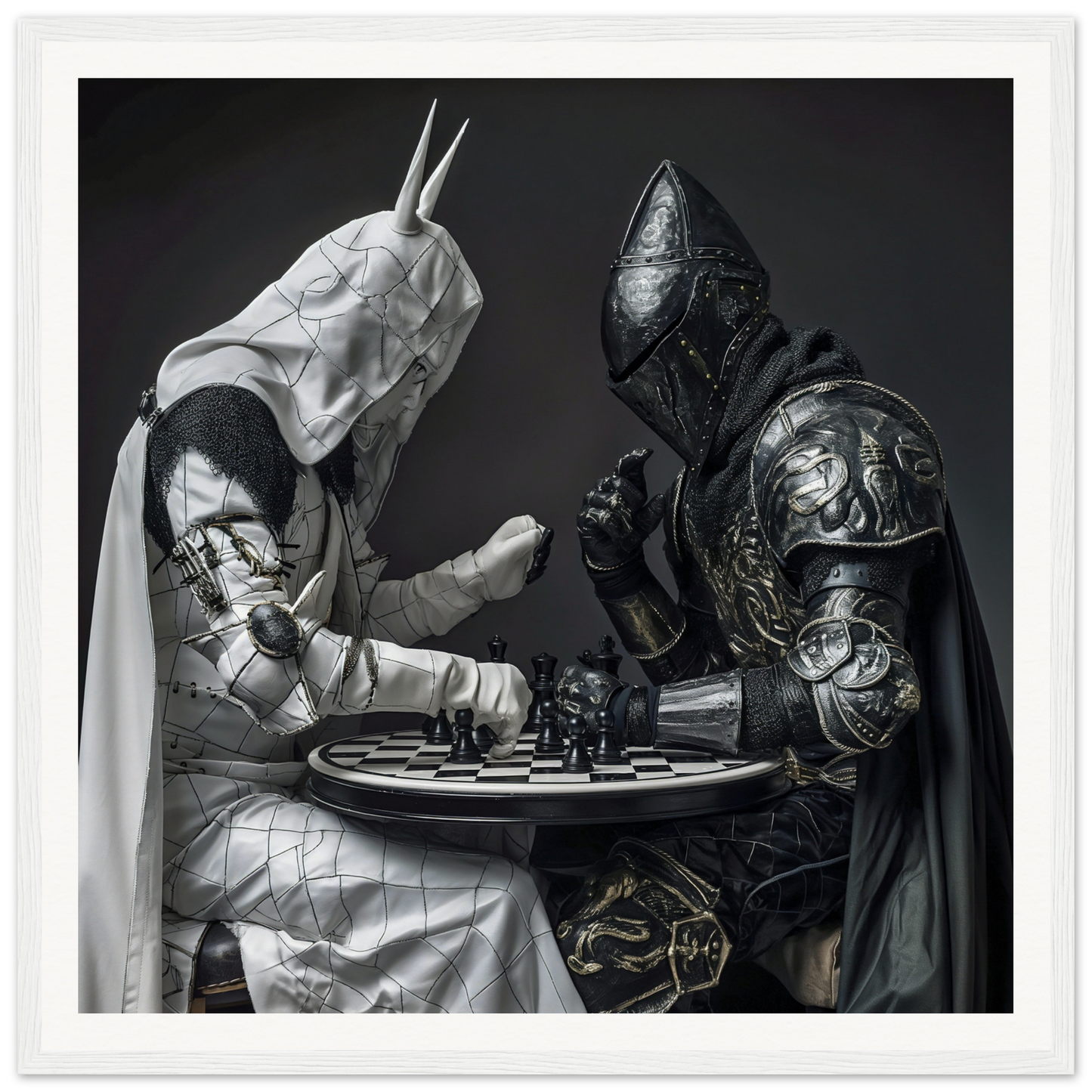 Two armored figures in plate armor playing chess in Armored Minds Duel artwork