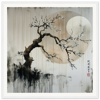 Twisted plum blossom branch with white flowers and moon in Blossoms’ Cosmic Serenade art