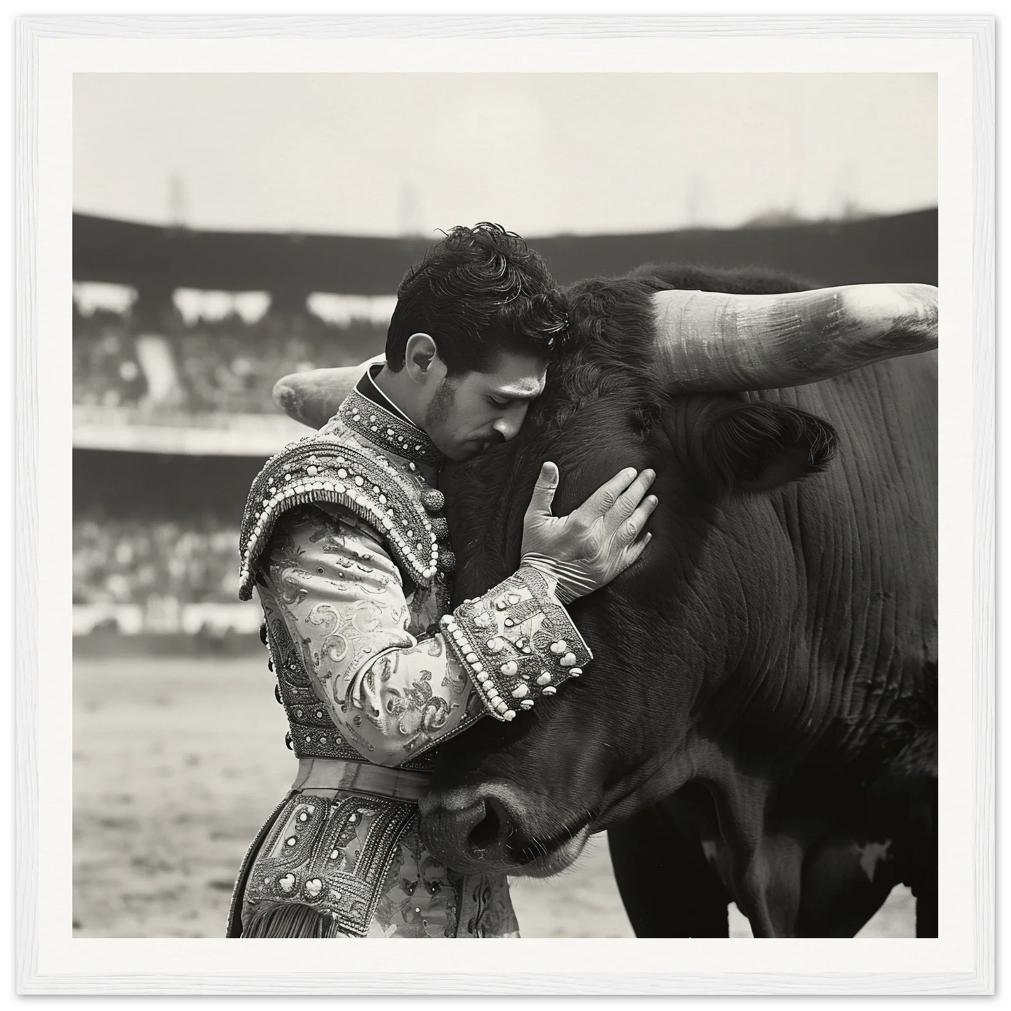 Matador in embroidered suit embracing bull’s head, featured in Bovine-passo Solo