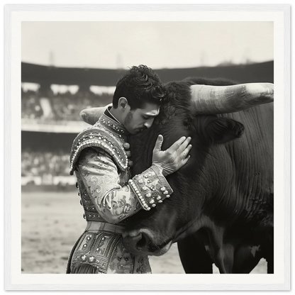 A matador in a fancy suit embracing a bull’s head in Bull & Brave framed wall art