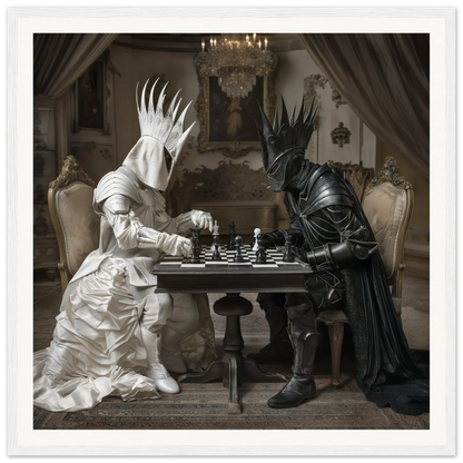 Two armored figures in white and black engaging in strategy at Celestial Chess Nexus