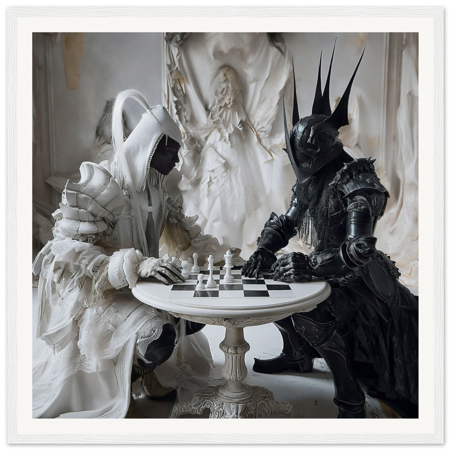 Two armored figures in white and black play chess in Chess Duality Dance art