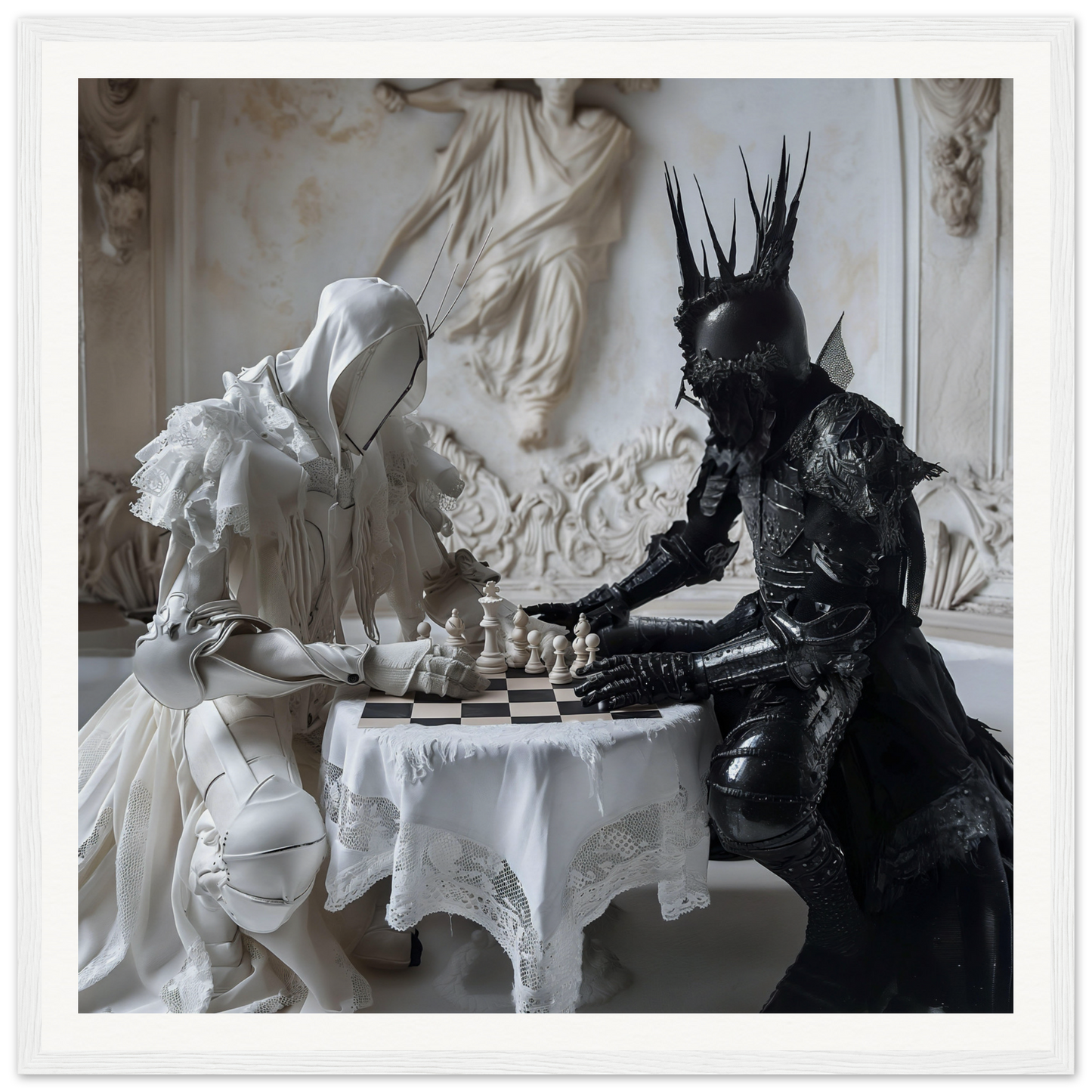 Two chess pieces in white and black armor play chess on a lace table from Chess Rhapsody Duality